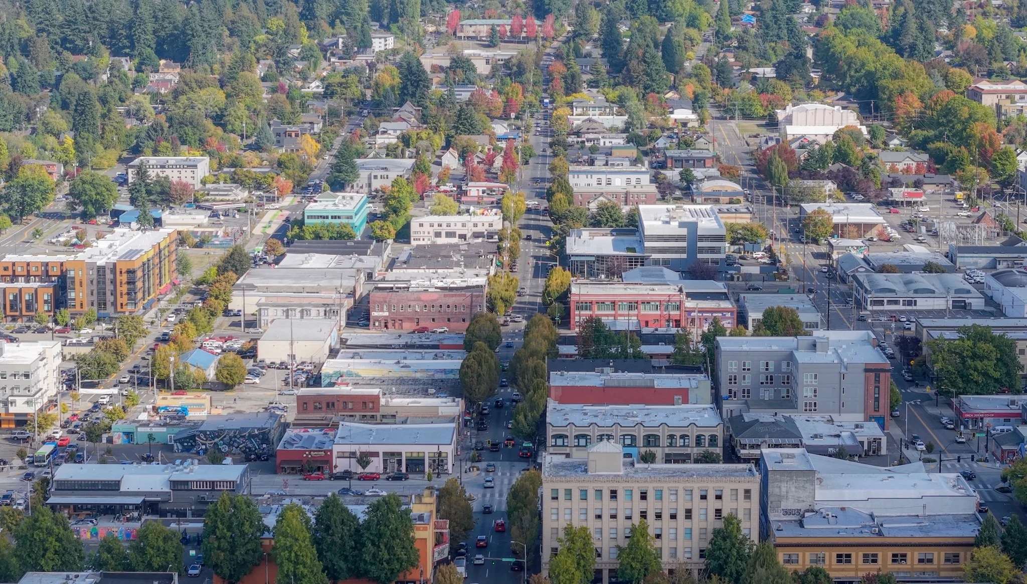 Aerial view of the downtown Olympia street grid and commercial core