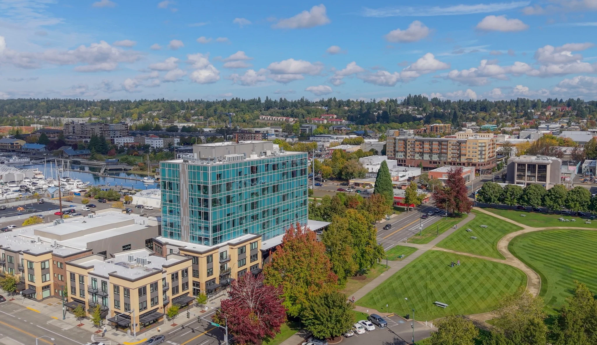 Aerial view of downtown Olympia, marina, and waterfront green space