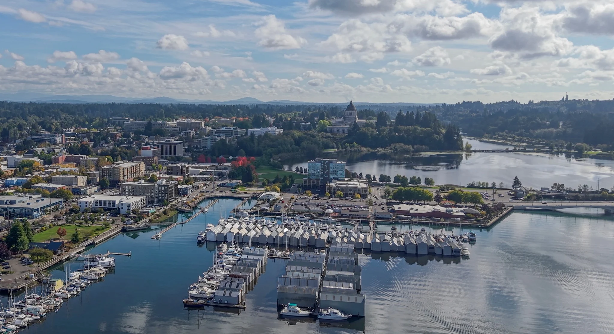 Olympia marina, Budd Inlet, downtown Olympia, and the Washington State Capitol